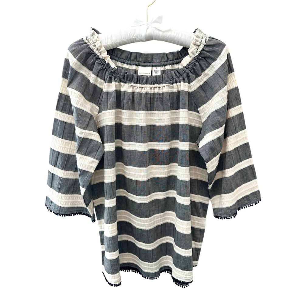 WESTBOUND | Gray White Striped Peasant Blouse Top Coastal Boho | Large
